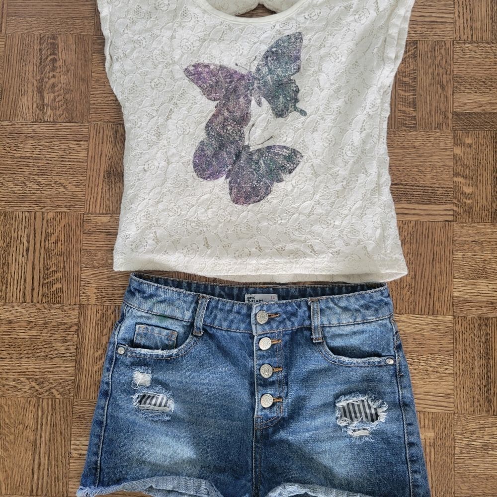 Lace butterfly sparkle print top